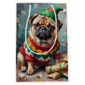 Sac Cadeau Moyen Grumpy Pug Dog in Elf Hat Funny Christmas Art (Devant)