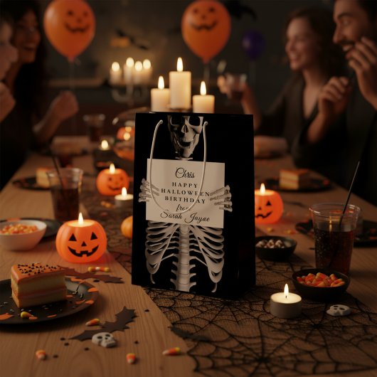 Sac Cadeau Moyen Halloween Birthday Spooky Skeleton Custom Black