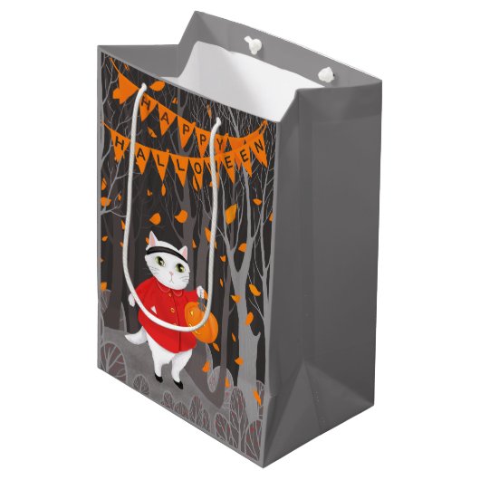 Sac Cadeau Moyen Halloween Cute Cat & Jack-o’-lanterne Citrouille (Devant Angle)