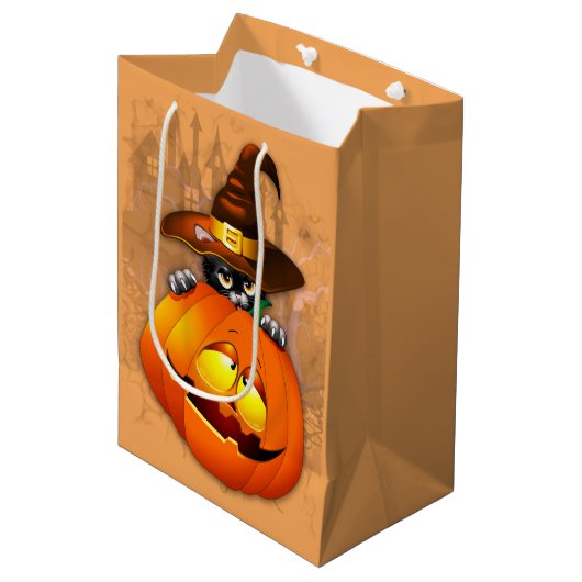 Sac Cadeau Moyen Halloween Cute Kitty Witch and Pumpkin Friend  (Devant Angle)