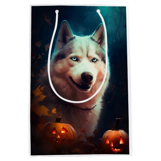 Sac Cadeau Moyen Halloween Husky Sibérien Avec La Peur Citrouille (Devant)