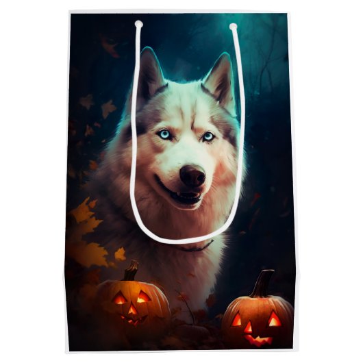 Sac Cadeau Moyen Halloween Husky Sibérien Avec La Peur Citrouille (Dos)