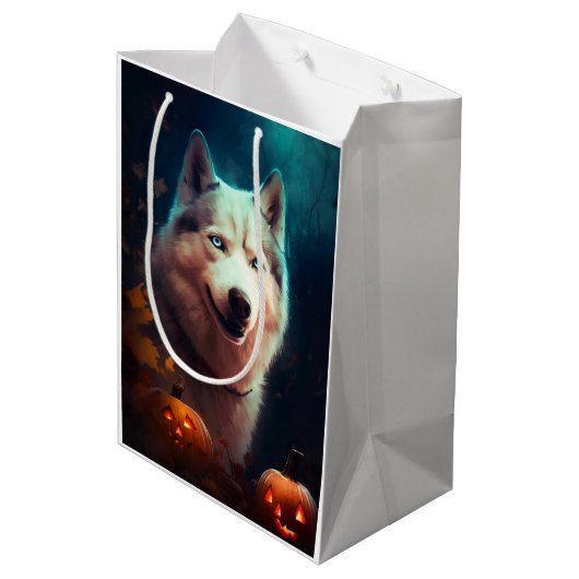 Sac Cadeau Moyen Halloween Husky Sibérien Avec La Peur Citrouille (Dos Angle)