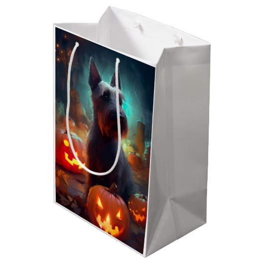Sac Cadeau Moyen Halloween Terrier écossais avec la peur Citrouille (Dos Angle)