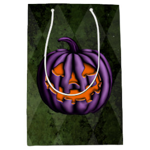Sac Cadeau Moyen Halloween violet Citrouille Grunge vert