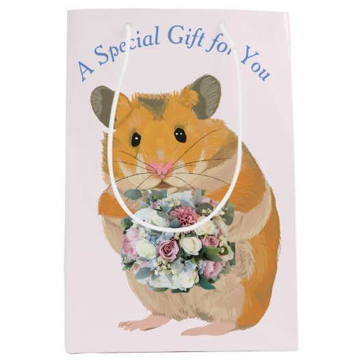 Sac Cadeau Moyen Hamster tient un bouquet modifiable Valentine’s (Devant)