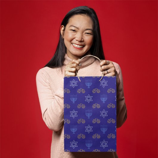 Sac Cadeau Moyen Hanoukka Gold Dreidel Star de David Menorah Blue