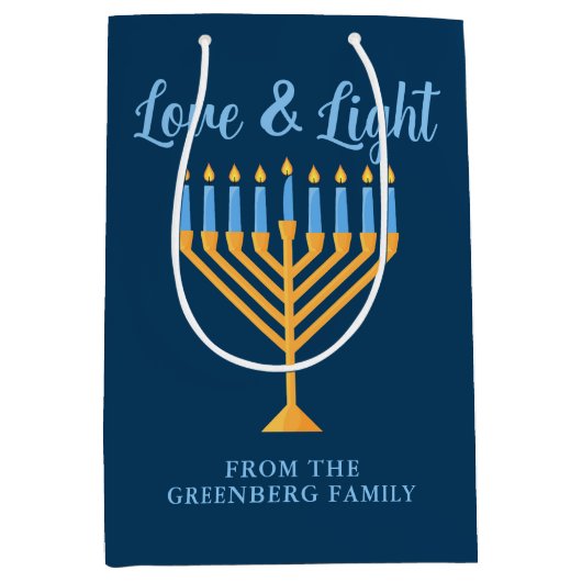 Sac Cadeau Moyen Hanoukka Love & Light Blue Gold Menorah Custom (Devant)