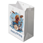 Sac Cadeau Moyen Happy Birthday Goldendoodle Dog Playing Drums (Devant Angle)