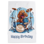 Sac Cadeau Moyen Happy Birthday Goldendoodle Dog Playing Drums (Dos)