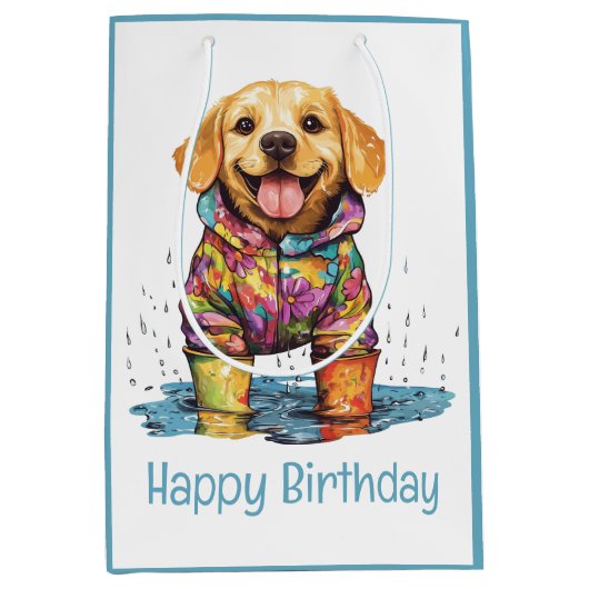 Sac Cadeau Moyen Happy Birthday Labrador Retriever Rain Puddle (Devant)