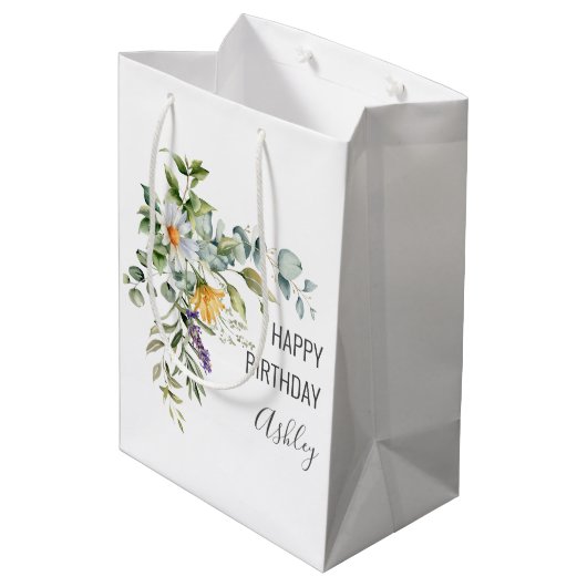 Sac Cadeau Moyen Happy Birthday + Name Floral (Dos Angle)