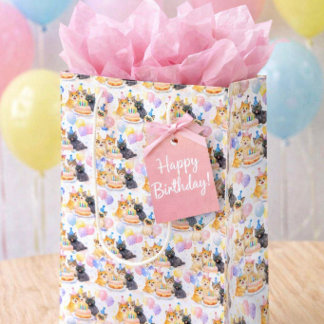 Sac Cadeau Moyen Happy Birthday Party Cat Pattern with Balloons 