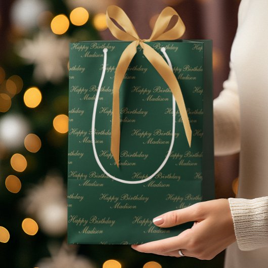 Sac Cadeau Moyen Happy Birthday Script Name Green Gold