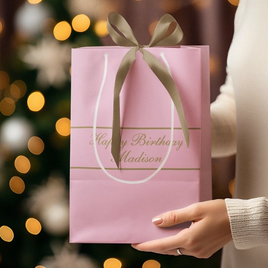 Sac Cadeau Moyen Happy Birthday Script Name Powder Pink Gold