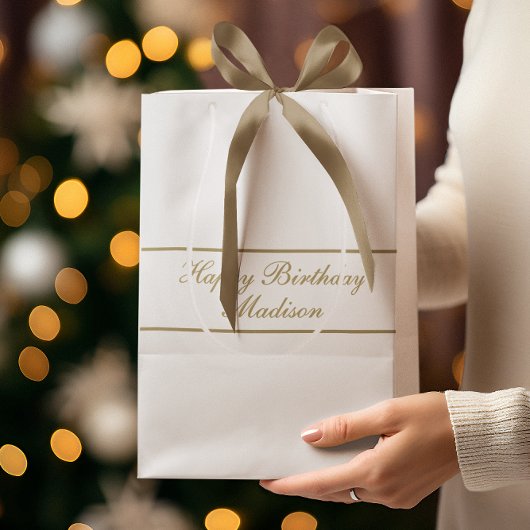 Sac Cadeau Moyen Happy Birthday Script Name White Gold