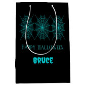 Sac Cadeau Moyen Happy Halloween neon bleu spiderweb noir (Devant)