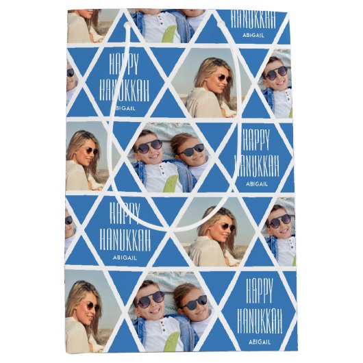 Sac Cadeau Moyen Happy Hanukkah Custom Name Photos Star Blue (Devant)