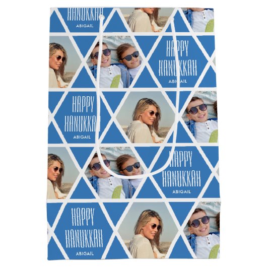 Sac Cadeau Moyen Happy Hanukkah Custom Name Photos Star Blue (Dos)
