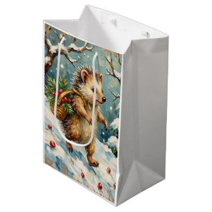 Sac Cadeau Moyen Hérisson vintage avec panier de baies de Noël