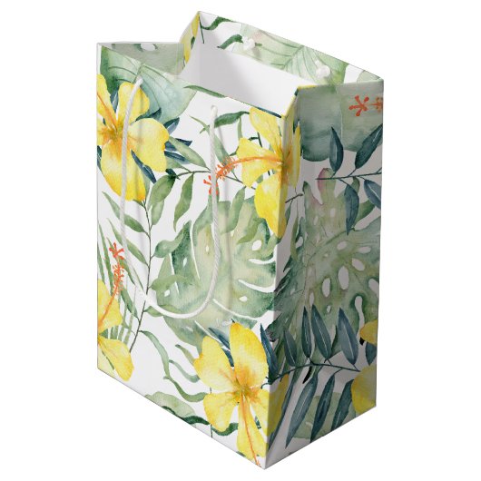 Sac Cadeau Moyen Hibiscus Floral Jaune Tropical pour Mariage (Dos Angle)
