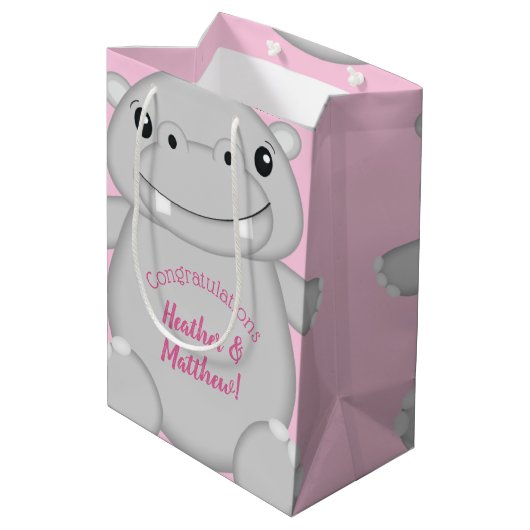 Sac Cadeau Moyen Hippo Baby shower rose (Dos Angle)