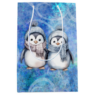 Sac Cadeau Moyen Hiver Bleu Aquarelle Pingouins Écarts Casquette
