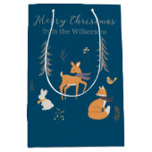 Sac Cadeau Moyen Hiver Bois Animaux Folk Art Bleu Noël (Devant)