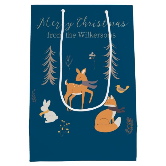 Sac Cadeau Moyen Hiver Bois Animaux Folk Art Bleu Noël (Dos)