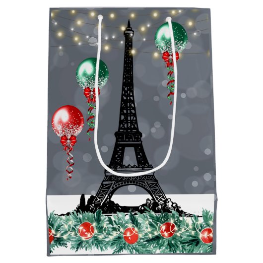 Sac Cadeau Moyen Hiver Tour Eiffel, Noël Balloons Nuit (Dos)