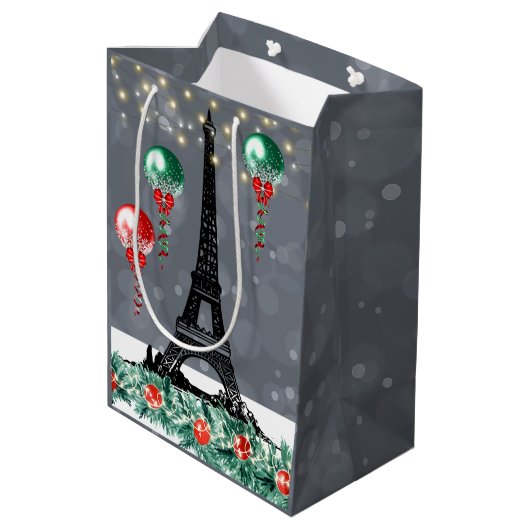 Sac Cadeau Moyen Hiver Tour Eiffel, Noël Balloons Nuit (Dos Angle)