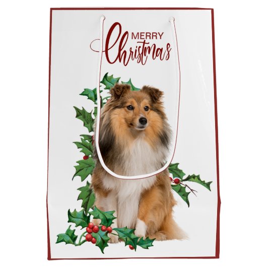 Sac Cadeau Moyen Holly Red Berry Shetland Sheepdog Noël (Dos)