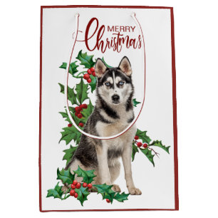 Sac Cadeau Moyen Holly Red Berry Siberian Husky Chien Noël