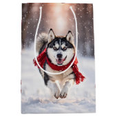 Sac Cadeau Moyen Husky de Noël Avec Écharpe Rouge (Devant)