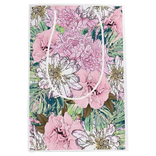 Sac Cadeau Moyen Illustration florale rose et blanche de mignonne f (Devant)