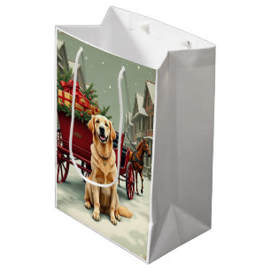 Sac Cadeau Moyen Illustration vintage de Golden Retriever de Noël e