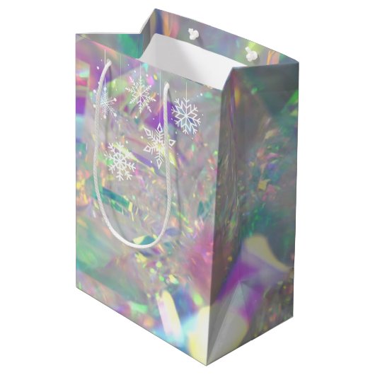 Sac Cadeau Moyen Iridescente Tinsel Joyeux Noël White Snowflake (Dos Angle)