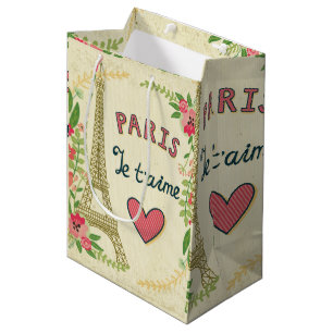 Sac Cadeau Moyen je t'aime, paris, vintage, eiffeltower, coeur, fle