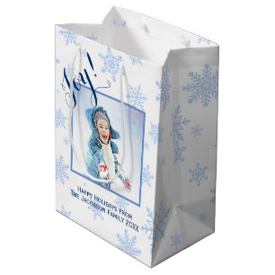 Sac Cadeau Moyen Joie ! Festive Blue Snowflakes Photo Happy Holiday
