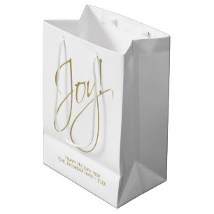 Sac Cadeau Moyen Joie ! Vacances minimalistes or et blanc élégant