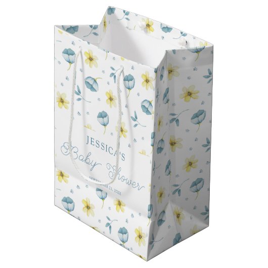 Sac Cadeau Moyen Joli Baby shower Floral bleu jaune (Devant Angle)