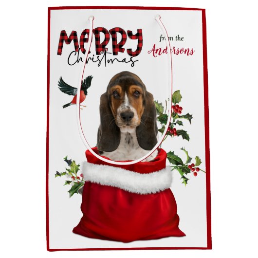 Sac Cadeau Moyen Joli Basset Hound Chien chiot Noël (Devant)