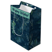 Sac Cadeau Moyen Joli bleu foncé et Turquoise vert Feuilles Anniver (Devant Angle)