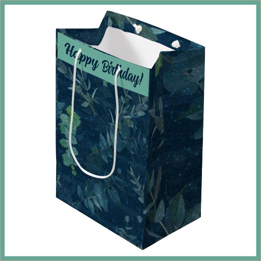 Sac Cadeau Moyen Joli bleu foncé et Turquoise vert Feuilles Anniver
