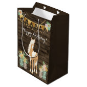 Sac Cadeau Moyen Joli cheval et fleurs Bois rustique Anniversaire (Dos Angle)