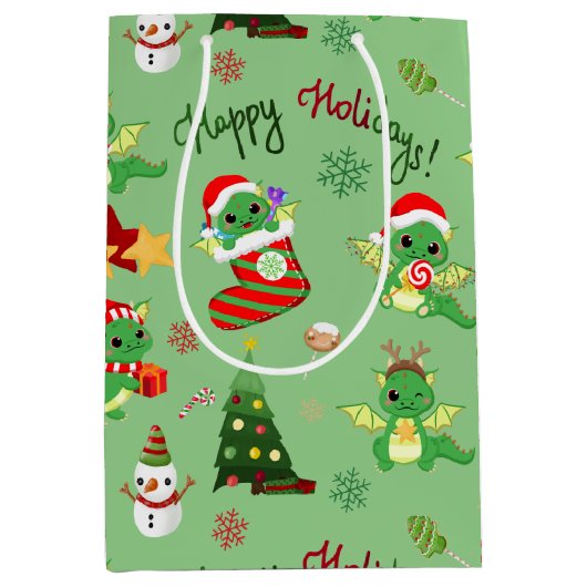 Sac Cadeau Moyen Joli Dragon de Noël (Devant)