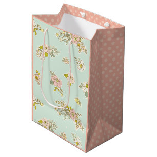 Sac Cadeau Moyen Joli floral vintage à pois vert