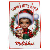Sac Cadeau Moyen Joli garçon afro-américain avec Noël chiot (Dos)
