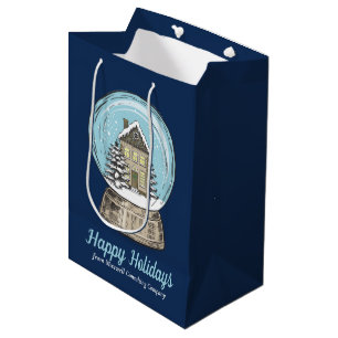 Sac Cadeau Moyen Joli globe de neige de Noël personnalisé bleu mari