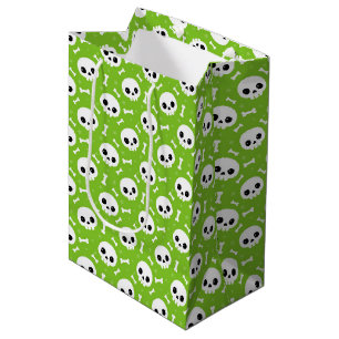 Sac Cadeau Moyen Joli motif d'Halloween Crâne et Os Verts